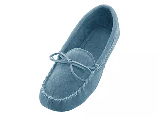 W080003 - Women's "Easy USA" Insulated Leather Upper Moccasins House Slipper — Light Blue (W080003-Blue) / 6-11 Assorted