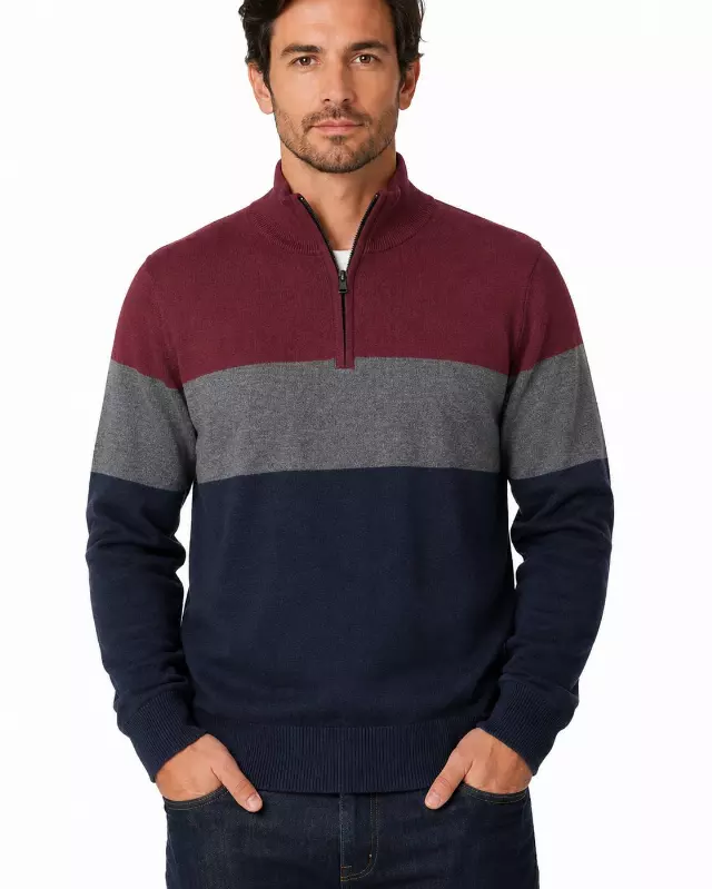 Men's Striped Quarter Zip Sweater #WXX-26 — W163 / S-M-L-XL