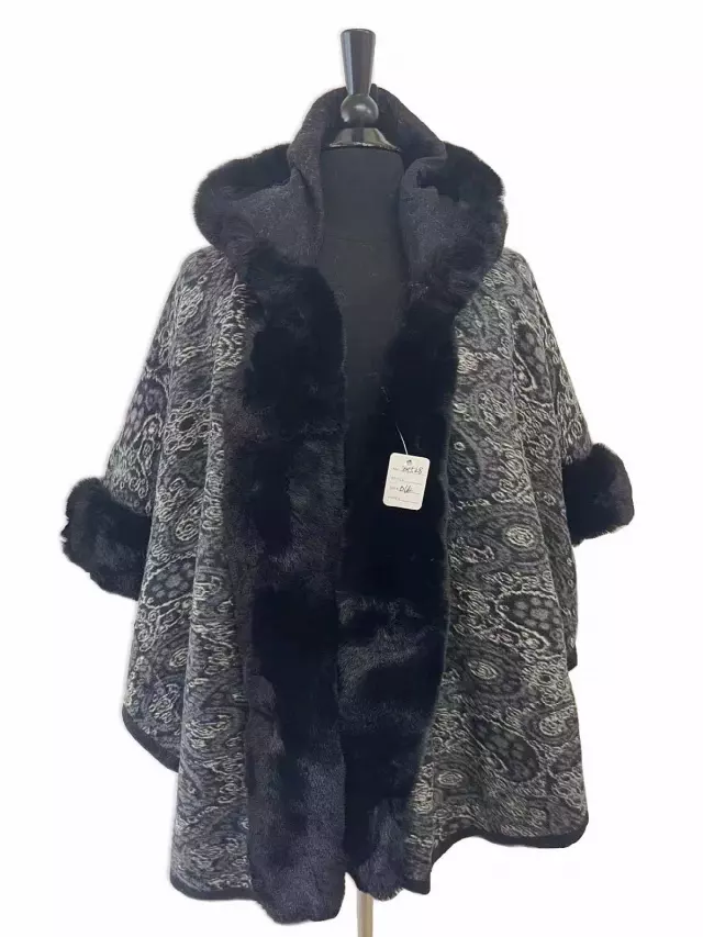 TX528 Faux Fur Paisley Pattern Cape with Hoodie — Black