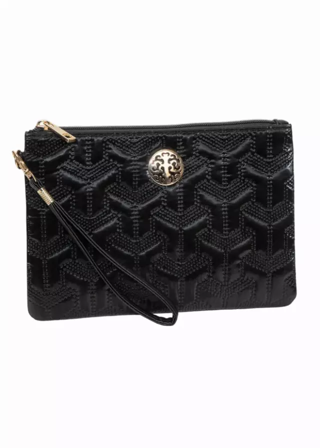 Rebecca & Rifka Patent Geometric Quilt Medallion Zip Wristlet — BK/GD