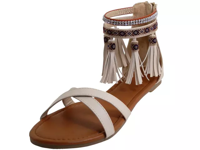W7102L - Women's "Easy USA" Criss Cross Tassels Sandals — Beige (W7102L-BEIGE) / 6-11 Assorted