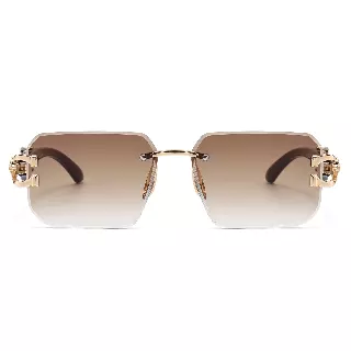 Designer Frameless Rectangle Sunglasses with Textured Cheetah Temple Accents J11113