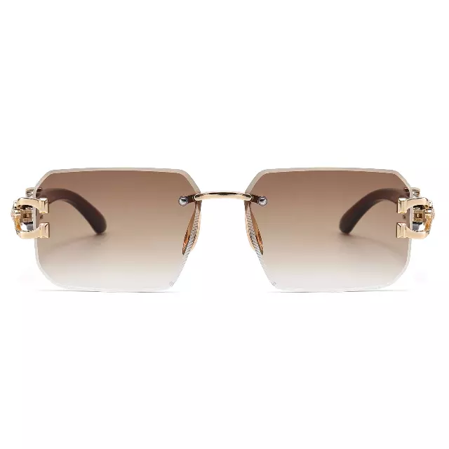 Designer Frameless Rectangle Sunglasses with Textured Cheetah Temple Accents J11113