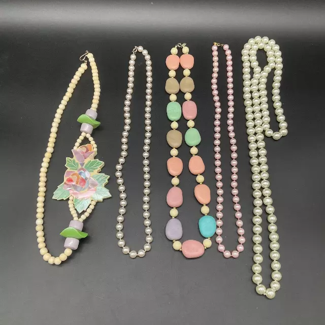Vintage Costume Jewelry Lot 5 Necklaces Faux Pearl Pastel Floral Retro 80s 90s