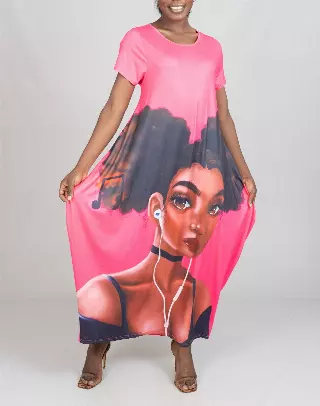 23017- Women's Plus Size Maxi Dress Digital Face-Print Knit Maxi Dress - One Size (3-PCS PRE-PACK) ($20.00 Each)