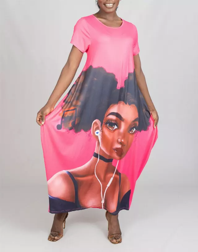 23017- Women's Plus Size Maxi Dress Digital Face-Print Knit Maxi Dress - One Size (3-PCS PRE-PACK) ($20.00 Each)