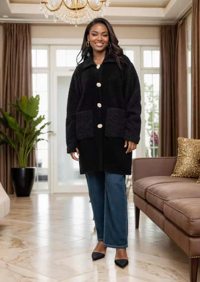 25046 - Women's Big Buttons Collared Sweater ($30.00 Each) — Black / One Size Fits Most
