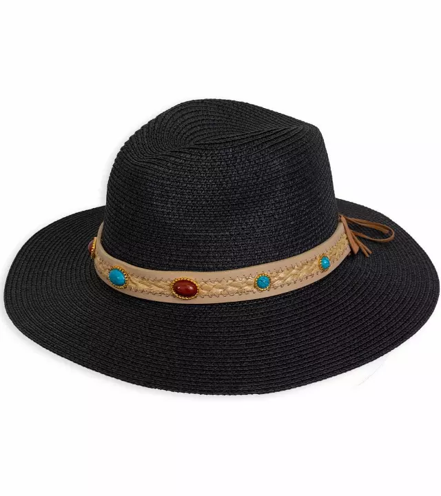 Magid Beaded & Braided Crown Straw Panama Hat — BLACK