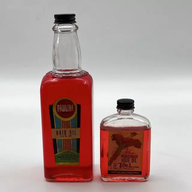 Vintage 50s Pauline & The Huntsman Men's Hair Oil Red Liquid Bottles Lot