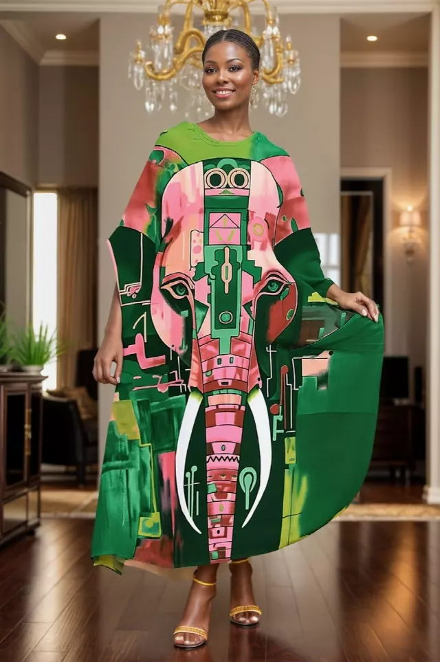 PNA-1633 - Women's Comfy Kaftan Dress with Headwrap- One Size (6-PCS PRE-PACK) - $7 Each — One Size (4-24) / Print-1633B
