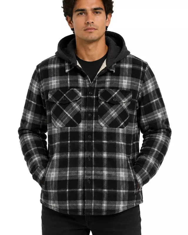 Men's Hooded Shacket with Sherpa Lining #636 — Black / S-M-L-XL-2X