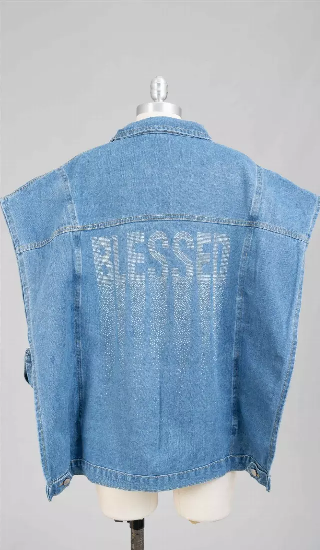 CHH-23046 - Women's "BLESSED" Button Down Classic Distressed Denim Jacket - (3 pcs PRE-PACK) ($35 Each) — Plus Size / Blue