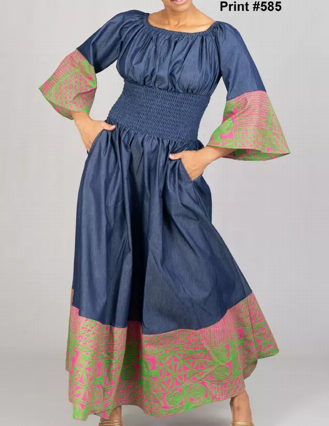 304AD - ON SALE!! Off-shoulder Denim Print Smocked Waist Dress - $15.00 Each — Free Size / Print-585