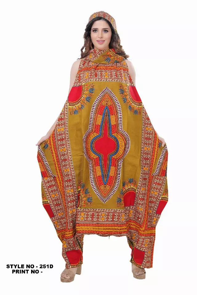 251DSK - NOW IN DASHIKI COLORS - Cow Neck African Wax Jumpsuit/Dress (3 PCS PRE-PACK) - $25 Each — One Size (4 - 26) / Olive/Mehndi
