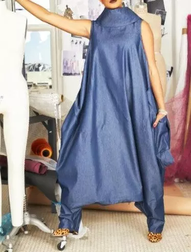 251- Denim- Cow Neck African Wax Jumpsuit/Dress (3 PCS PRE-PACK) - $35 Each
