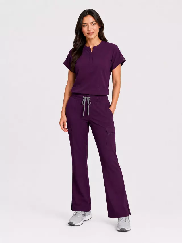 Rhea | Mandarin Collar Top with 10-Pocket Boot Cut Pant Set — Eggplant / S