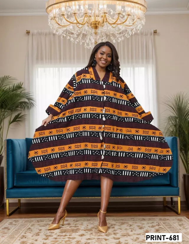 243 - NEW PRINT ALERT Big Button Authentic African Tunic Dress (3 PCS PRE-PACK) - $25.00 EACH — One Size (4 - 24) / Print-681