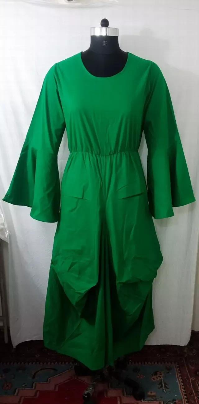 7561S - Solid Color Full Bell Sleeve Dress - $25.00 Each — Free Size / Green