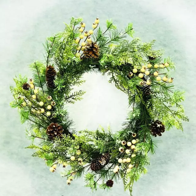 PMX7058-24- 24″ Fancy Snowberry Pine Cone Mix Wreath – “each” Min 1 – Case Pk 4