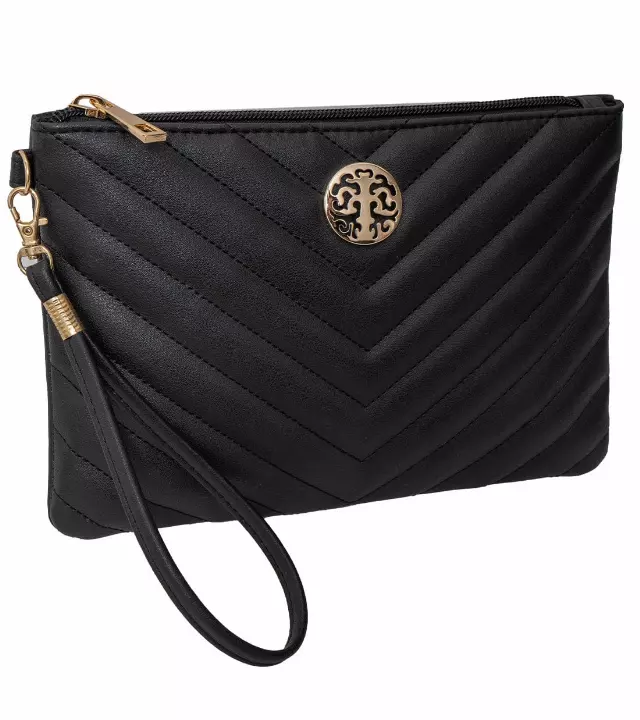 Rebecca & Rifka Smooth Chevron Quilted Medallion Zip Wristlet — BK/GD