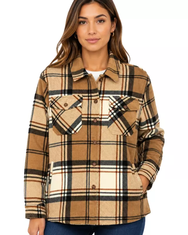 Ladies' Plush Shacket with Sherpa Lining #35 — Beige / Black / S-M-L-XL-2X