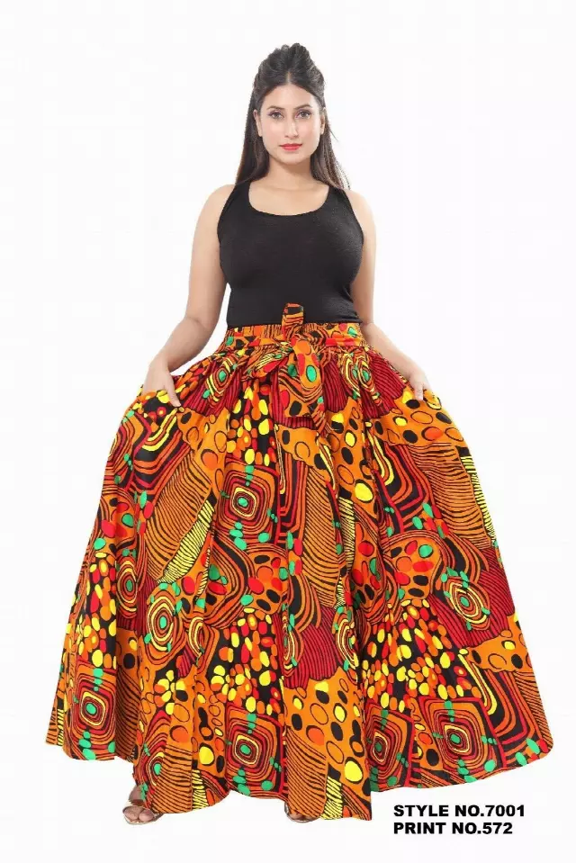 PLUS SIZE 7001X - NEW PRINTS ALERT!!! 8 Panel African Print Skirt - Authentic African Wax (3-PCS PRE-PACK) - $26 Each — One Size (20-34) / Print-572 / 3-Pcs Per Pack