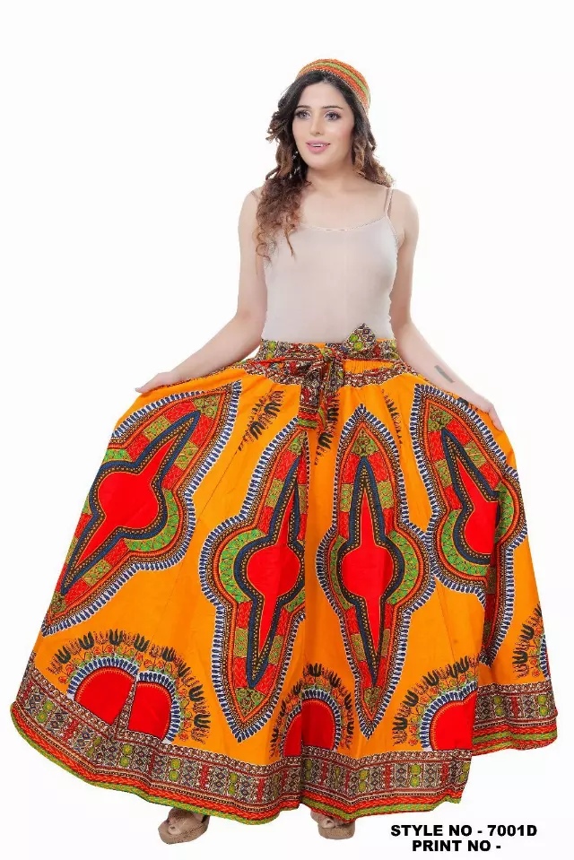 7001D - 8 Panel Dashiki Print Skirt - Authentic African Wax (3-PCS PRE-PACK) - $25 Each — One Size (4-18) / GOLDEN / 3-Pcs Per Pack