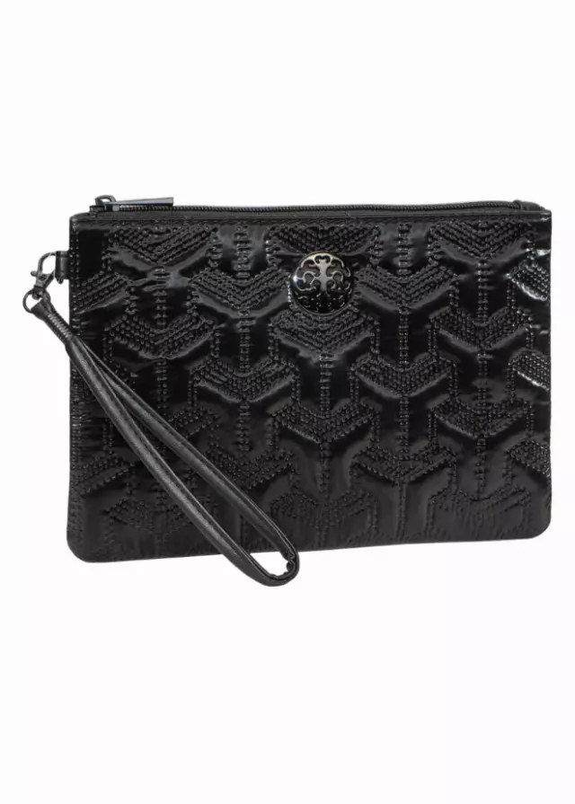 Rebecca & Rifka Patent Geometric Quilt Medallion Zip Wristlet — BK/BK