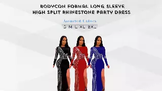 Chicaluv Wholesale - Women’s Bodycon Formal Long Sleeve High Split Rhinestone Party Evening Dress