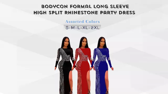 Chicaluv Wholesale - Women’s Bodycon Formal Long Sleeve High Split Rhinestone Party Evening Dress