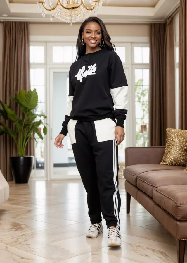NLM-FL06 - 2-Pcs "HUSTLE" Top & Striped Pant Set - $25.00 Each (3 pcs per pack) — Black/Cream