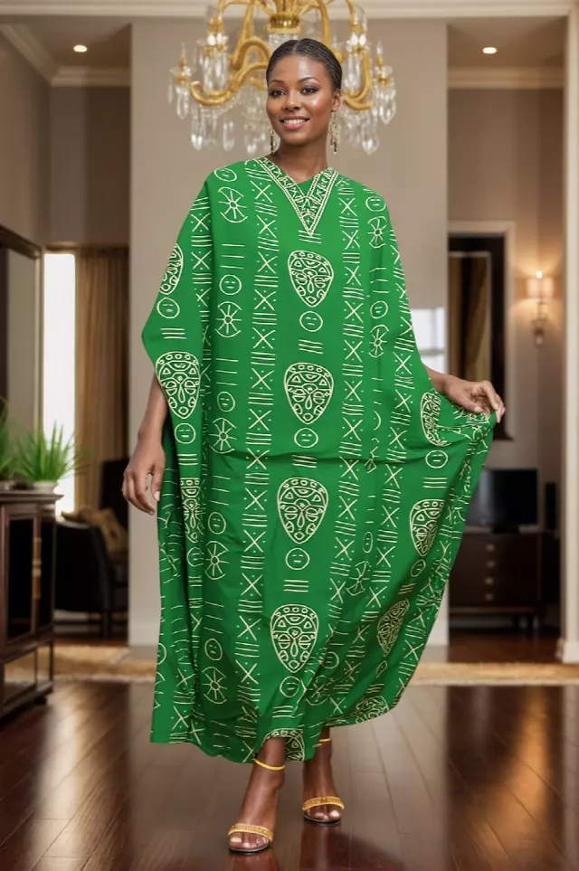 PNA-1628 - Women's Kaftan Dress with Headwrap- One Size (6-PCS PRE-PACK) - $7 Each — One Size (4-24) / Green