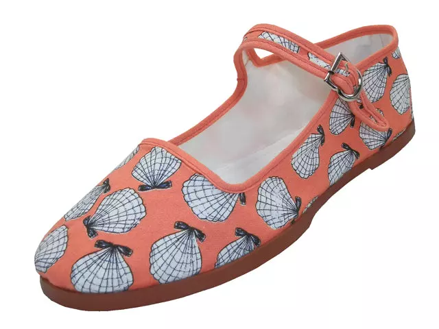 T5 - Women's Cotton Upper Printed Classic Mary Jane Shoes — White Shell on Pink (T5-1150) / 6-10 Case