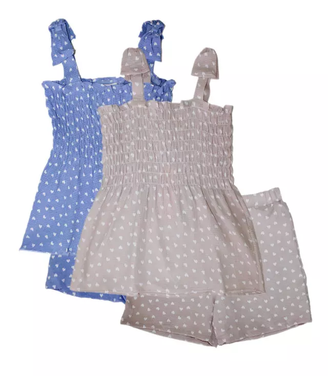 GIRLS PINK Smocked Top With Bows On Straps Woven Short Set - 2802202