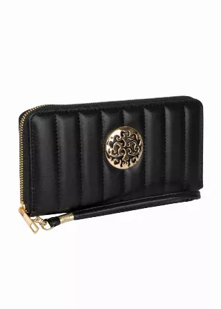 Rebecca & Rifka Smooth Tubular Quilt Medallion Zip Wristlet Wallet — BK/GD