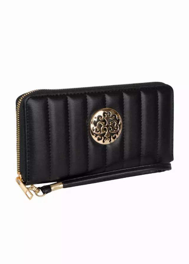 Rebecca & Rifka Smooth Tubular Quilt Medallion Zip Wristlet Wallet — BK/GD