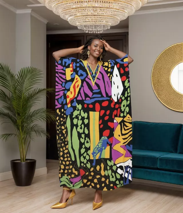 PNA-1602- Women's Comfy Kaftan Dress with Headwrap- One Size (6-PCS PRE-PACK) - $7 Each — One Size (4-24) / Print-1602C