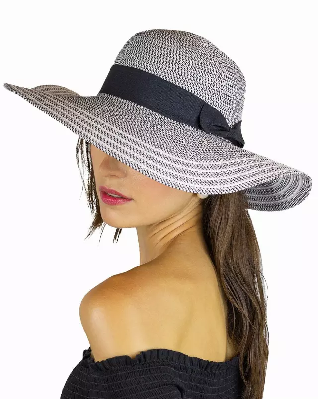 Magid Two Tone Straw & Ribbon Bow Floppy Hat — BLACK
