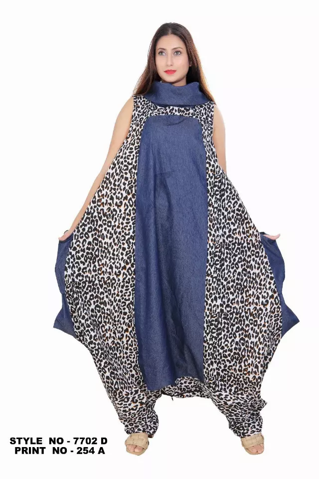 7702 - Mixed Denim and Print Cow Neck Jumpsuit/Dress (3 PCS PRE-PACK) - $35 Each — One Size (4 - 26) / Print-254A