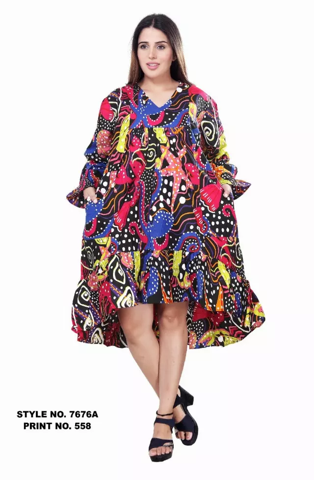 7676 A - ON SALE!!! PRINTED BOTTOM FRILL DRESS (3 PCS PRE-PACK) - $15.00 EACH — One Size (4-24) / Print-558