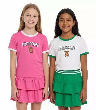 GIRLS PINK Rib on Neck and Sleeve Awesome Teddy Bear Embro on Top Ruffle Skirt W Short Inside - 2448727