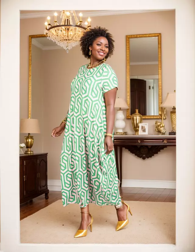 22159 - Geo-Print Maxi Dress - One Size (3-PCS PRE-PACK) $15 Each — 3-Pcs PRE-PACK / Pink Green