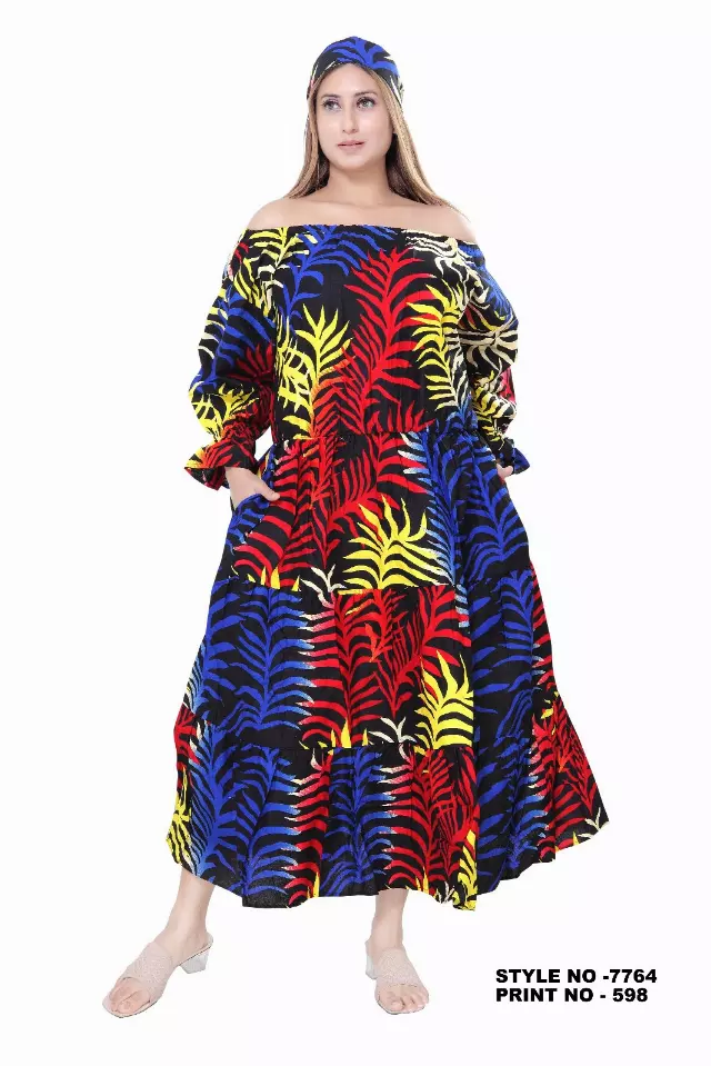 7764 -Off Shoulder Midi Dress in Ankara Prints - $25.00 Each (3 pcs per pack) — Free Size / Print-598