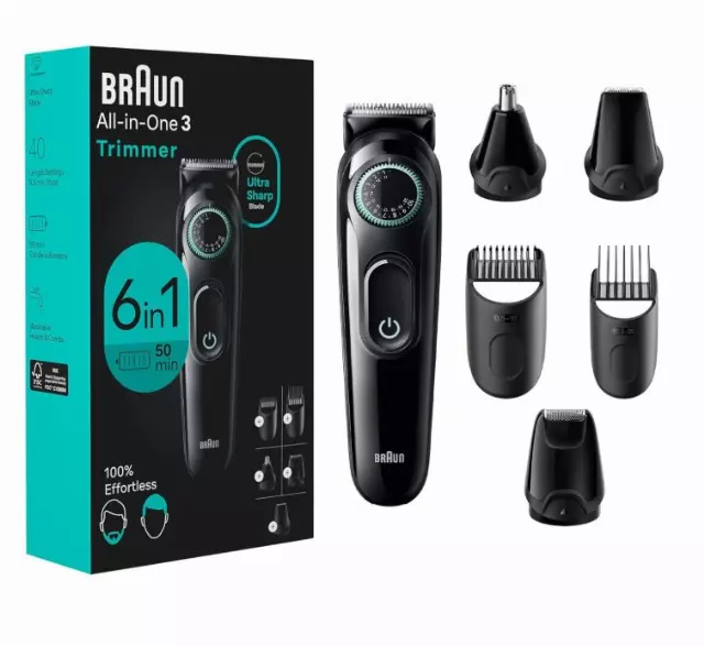 Braun All-in-One Style Kit Series 3 3460, 6-in-1 Trimmer for Men with Beard Trimmer, Ear & Nose Trimmer, Hair Clippers & More, Ultra-Sharp Blade, 40 Length Settings, Washable