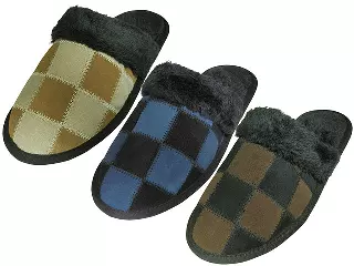 M6299 - Wholesale Men's Leather Suede Square Patch with Faux fur Cuff House Slippers