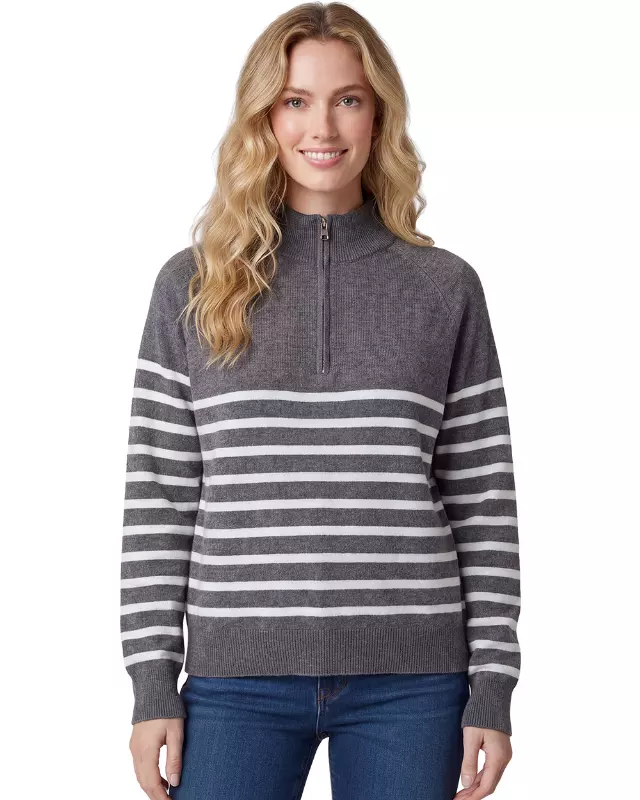 Ladies Quarter Zip Striped Sweater #03 — Charcoal / S/M-L/XL