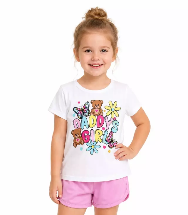 GIRLS PINK Daddy's Girl Teddy Bear Screen Top w Mesh Short Sets - 2205402