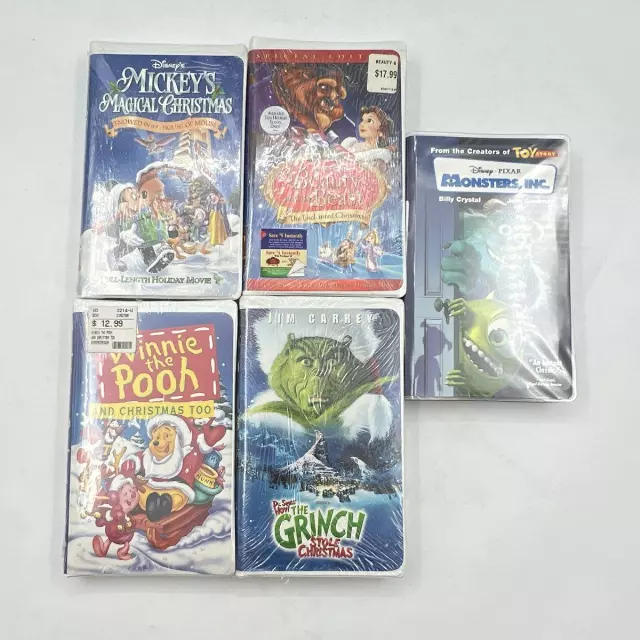 Monsters Inc Grinch Mickey Winnie 5 VHS Tape Lot Disney Christmas Movies Sealed