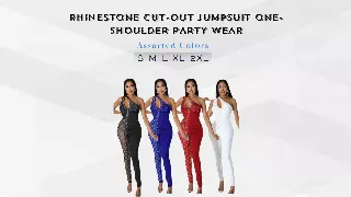 Chicaluv Wholesale - Women's One-Shoulder Mesh Rhinestone Panel Bodycon Jumpsuit – Sexy Sleeveless Nightclub & Party Romper - XV947