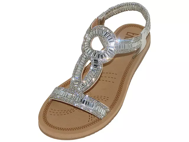 W7903L - Women's "Easy USA" Rhinestone Upper Comfortable Sandals — Silver (W7903L-S) / 6-11 Assorted